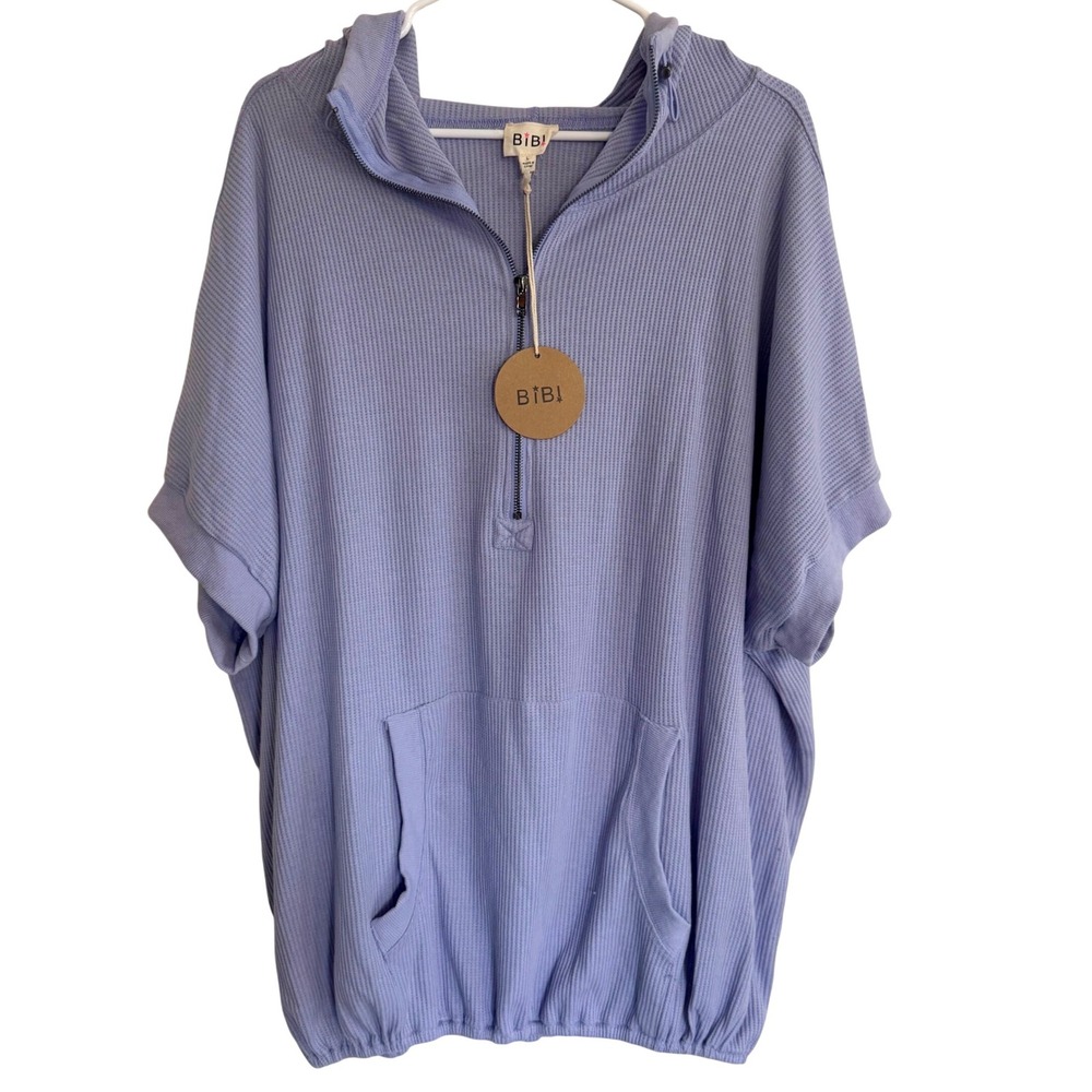 BiBi Light Periwinkle Blue Waffle Knit Hooded Pullover Short Sleeve Top- L NEW